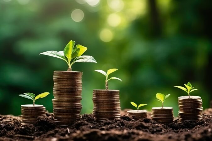 Small plants growing on stack of coins, a metaphor carbon credit system, carbon neutrality zero emissions by 2050, generative ai